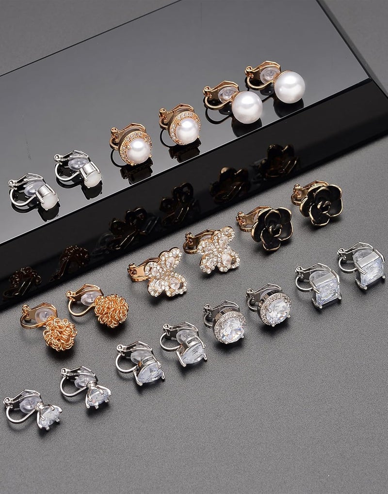 Tornito 10-15 Pairs Clip on Stud Earrings Non Pierced Teardrop Round Square CZ Pearl Twist Knot Flower Butterfly Heart Star Rainbow Cat Opal Clip on Earrings for Women - Image 5